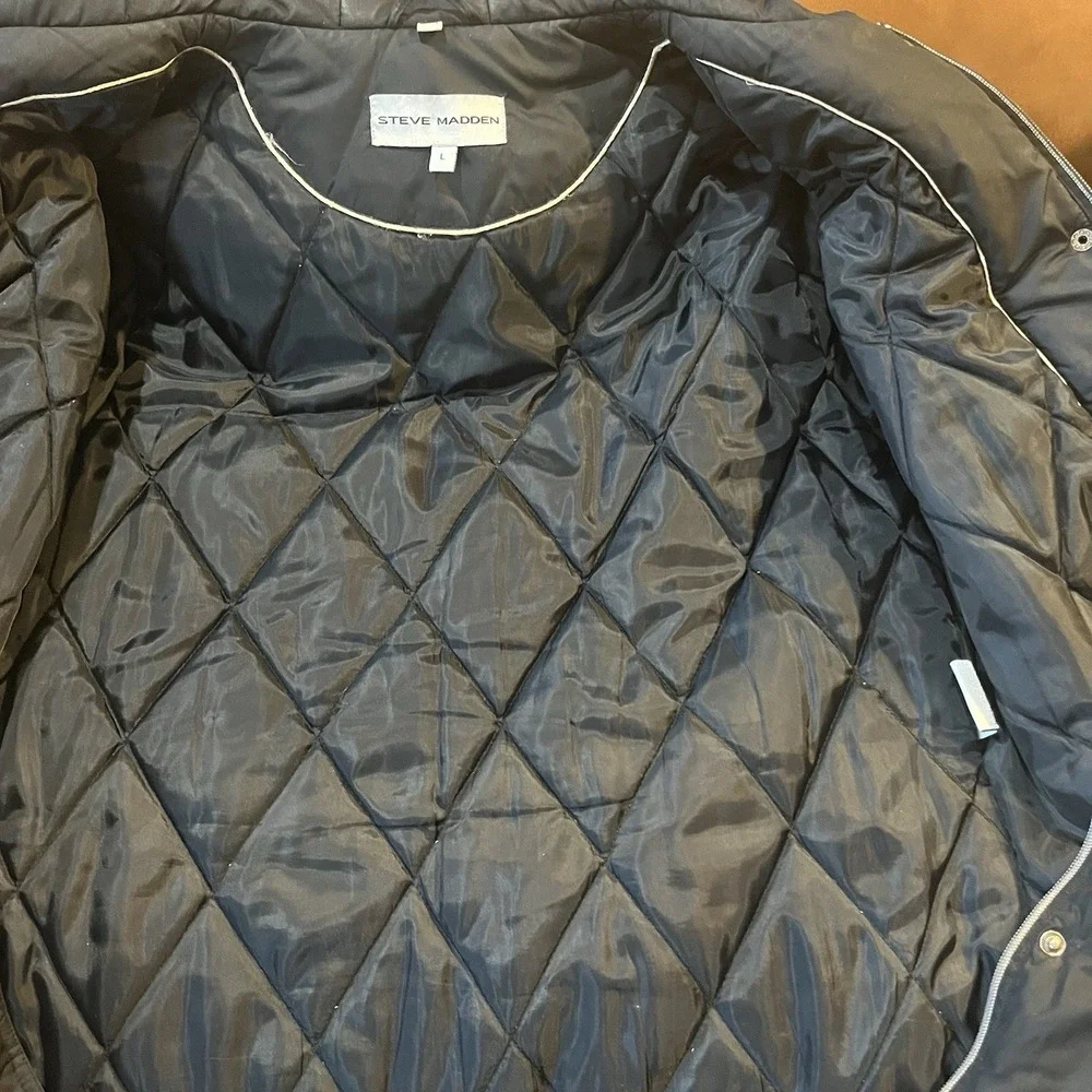 Steve Madden‎ Womens Black Hooded Puffer Parka Jacket Size L Utility Winter Coat